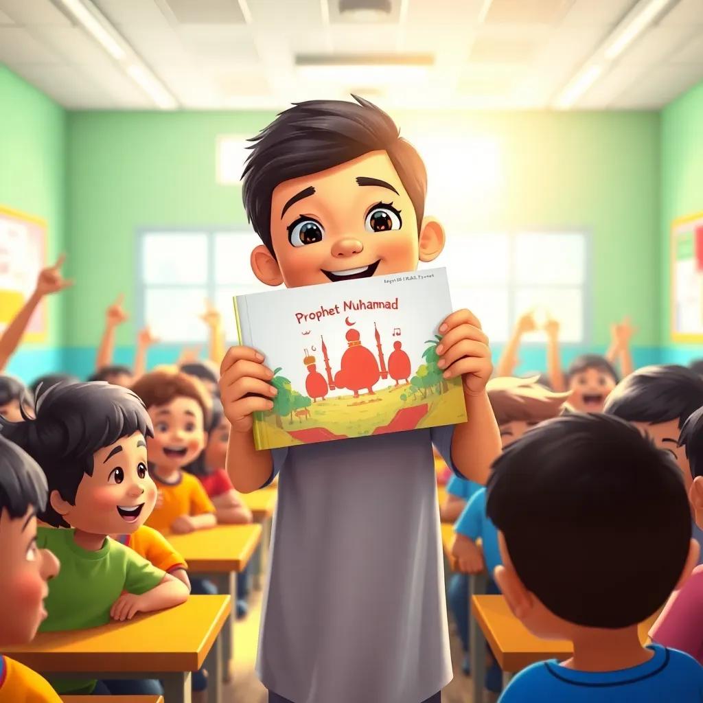A classroom filled with excited children, one boy named Ahmed holding a colorful book about Prophet Muhammad, bright sunlight coming through the windows, cheerful atmosphere, digital art, vibrant colors, child-friendly, high quality