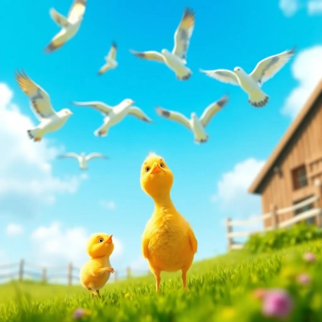 A small yellow chick, looking up at big birds flying in a blue sky, surrounded by a green farm background, cheerful expression, digital art, bright colors, inviting atmosphere, high quality