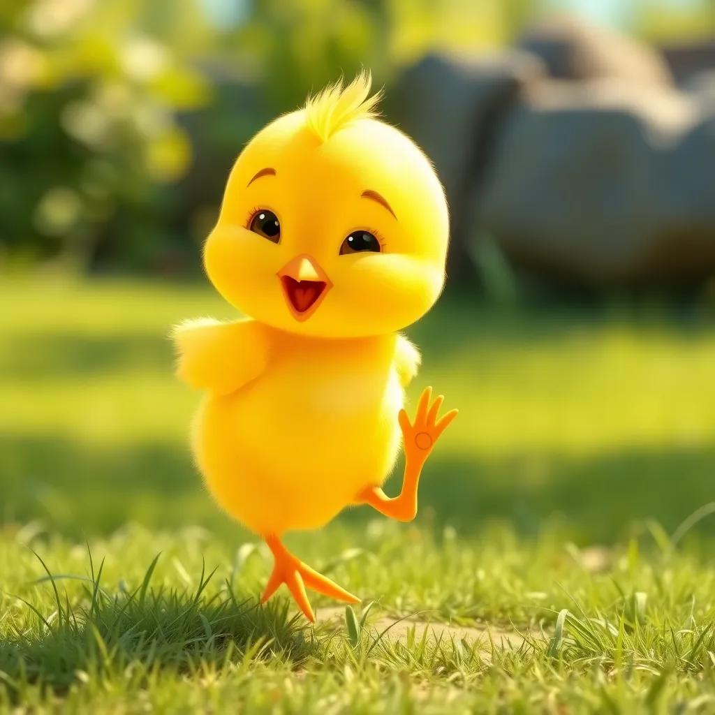 A yellow chick attempting to jump with determination, falling down on soft grass, with cartoonish expressions, bright sunny day, cheerful and fun atmosphere, high quality