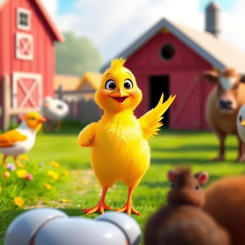 A confident yellow chick, proudly proclaiming its beauty to friends on the farm, colorful farm background, vibrant colors, joyful scene, digital painting