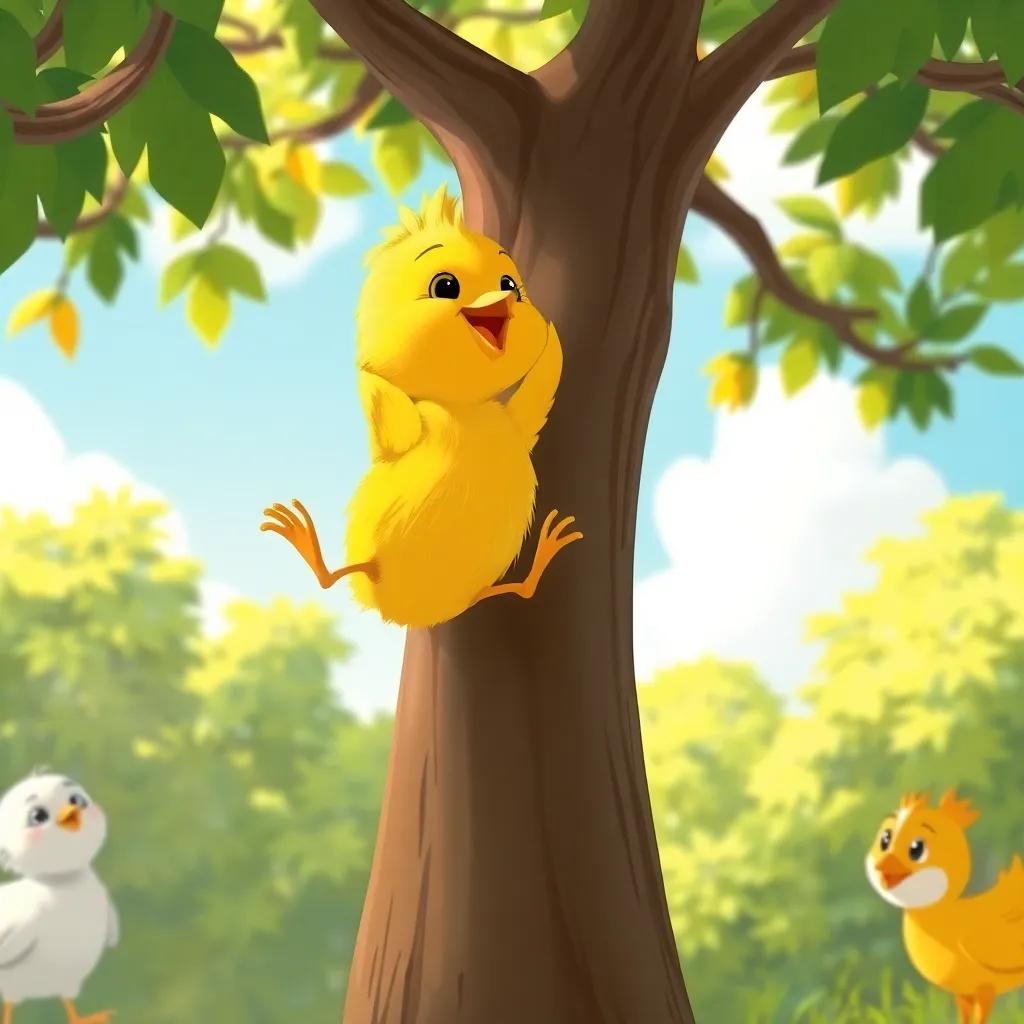A yellow chick practicing jumping up a tree, feeling proud and happy, with sunny skies and playful friends around, playful and adventurous vibe, illustration