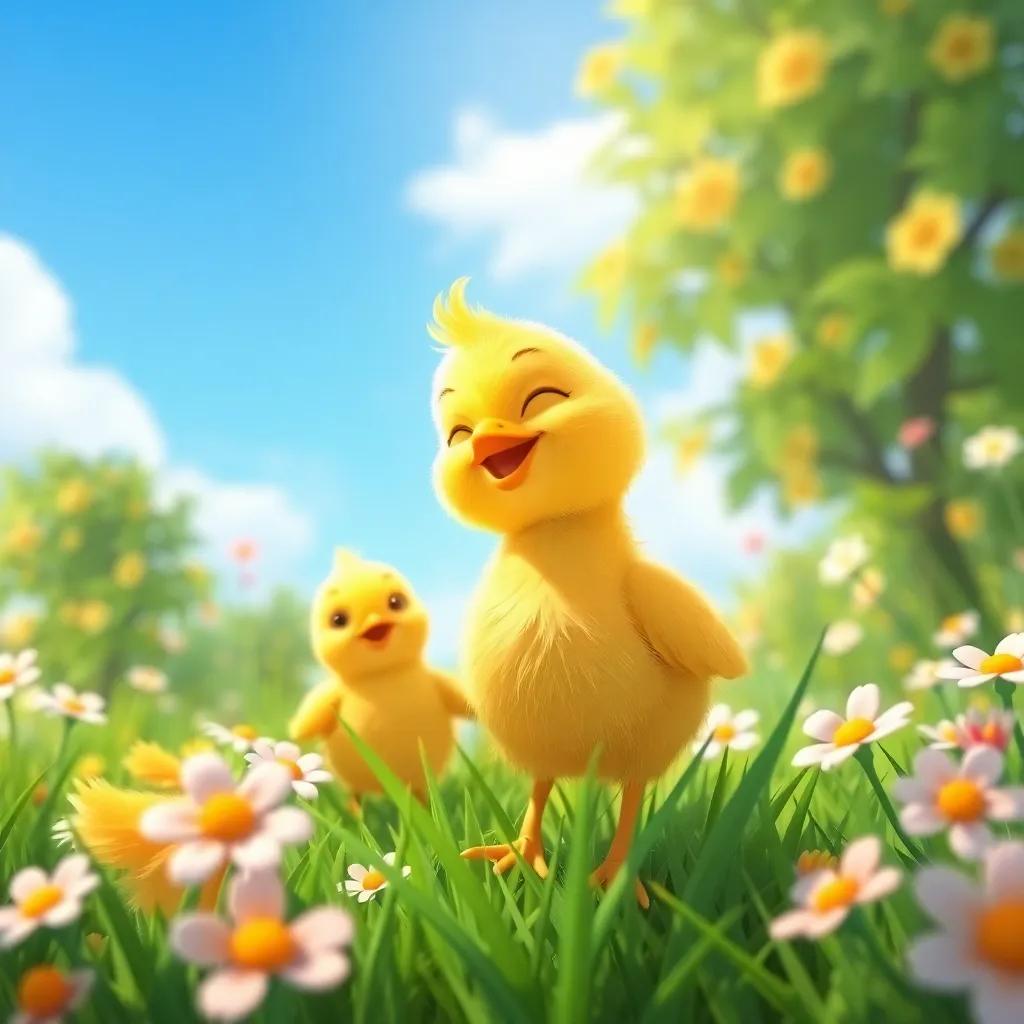 A sunny day where the yellow chick smiles at its friends while playing in the green grass, surrounded by flowers, cheerful atmosphere, digital art