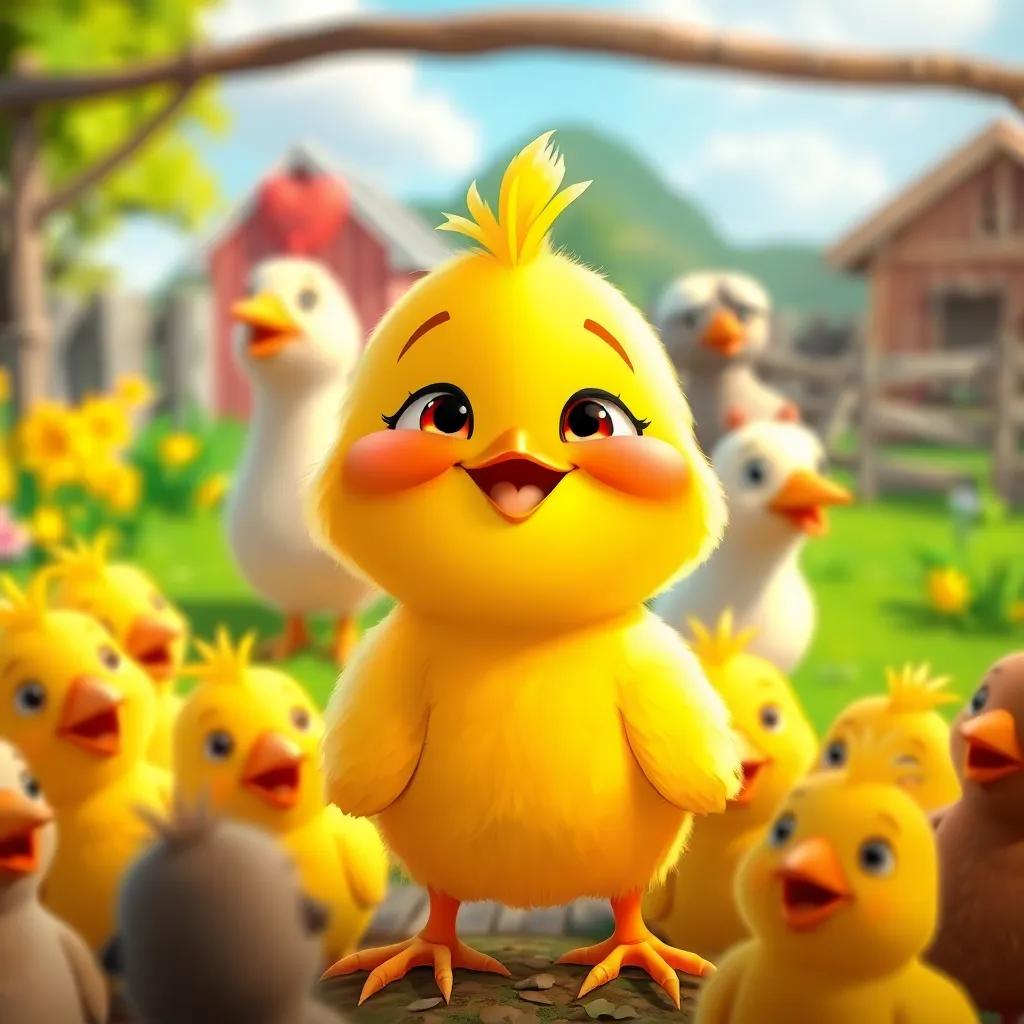 A happy yellow chick with a big smile, surrounded by friends, with a sense of pride and joy, colorful farm background, bright and cheerful, heartwarming scene