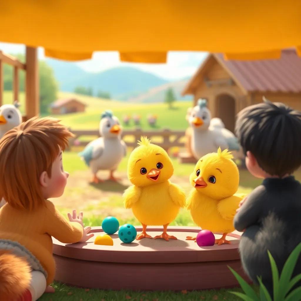 A yellow chick enjoying time with friends in the farm, playing games, conveying joy and acceptance, colorful characters with a bright landscape, digital art