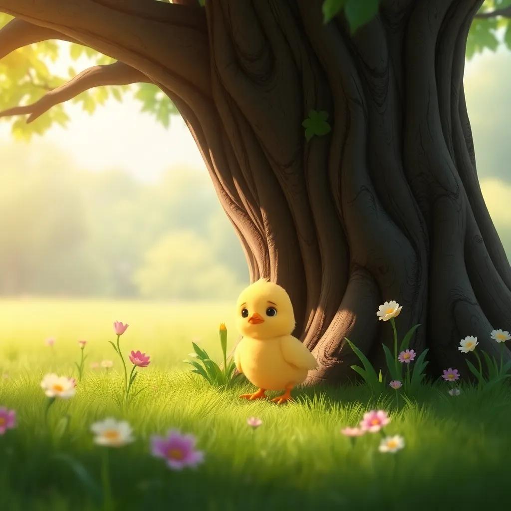 A small chick named Tutu, looking sad under a big tree, surrounded by green grass and flowers, digital art, soft colors, warm atmosphere, cheerful perspective, high quality