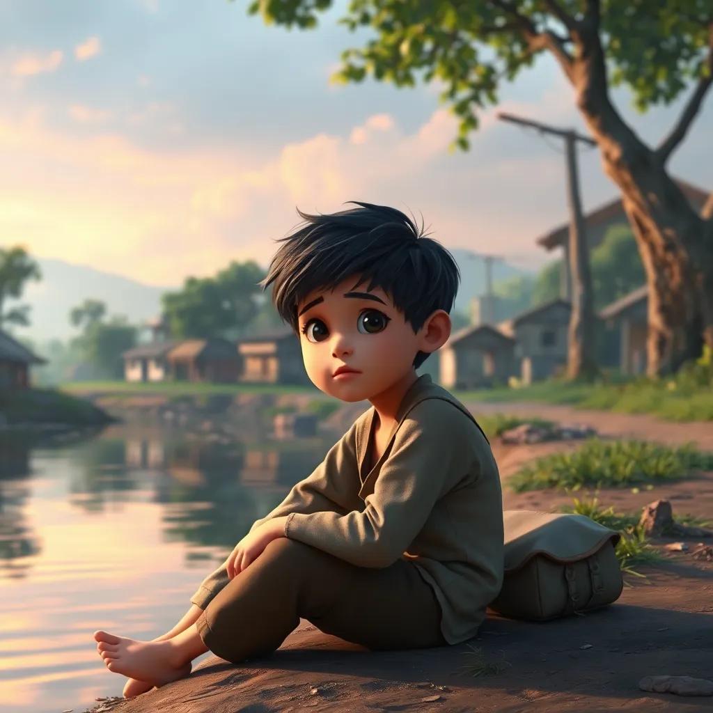 A young boy sitting by a riverbank in a small village, thoughtful expression, wearing simple village clothes, digital art, warm colors, peaceful atmosphere, high quality
