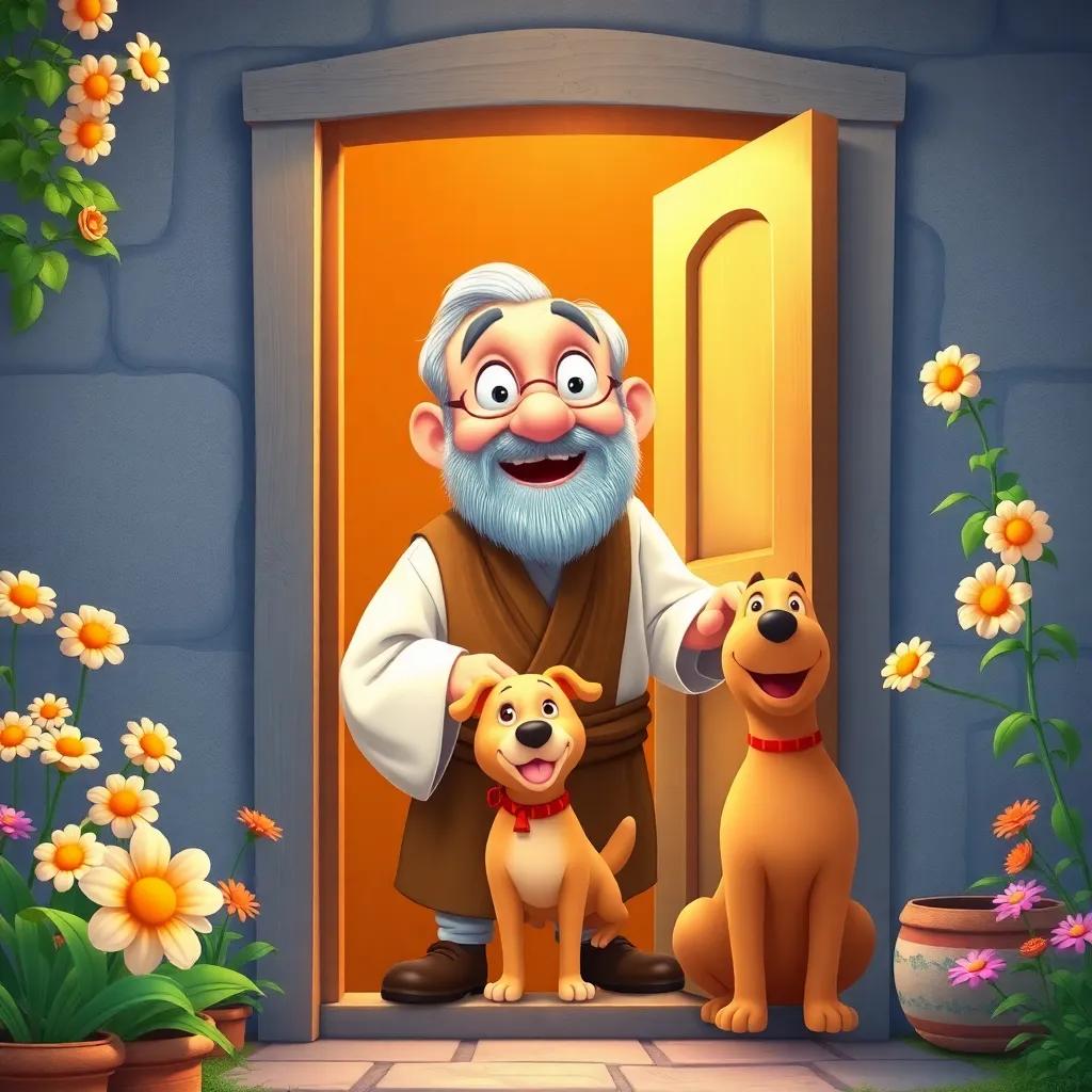 An old man opening the door of his cozy home, surprised and happy expression, wearing traditional clothing, surrounded by flowers and a friendly dog, illustration, cheerful, welcoming light, high quality