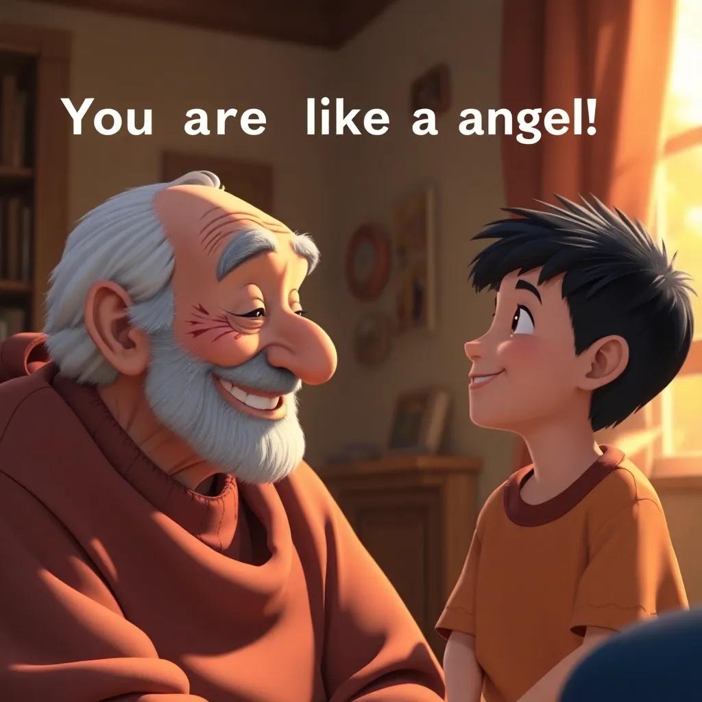 The old man smiling, saying 'You are like an angel!' to the boy, who looks happy, in a sunlit home with warm colors, emotional moment, heartwarming, high quality