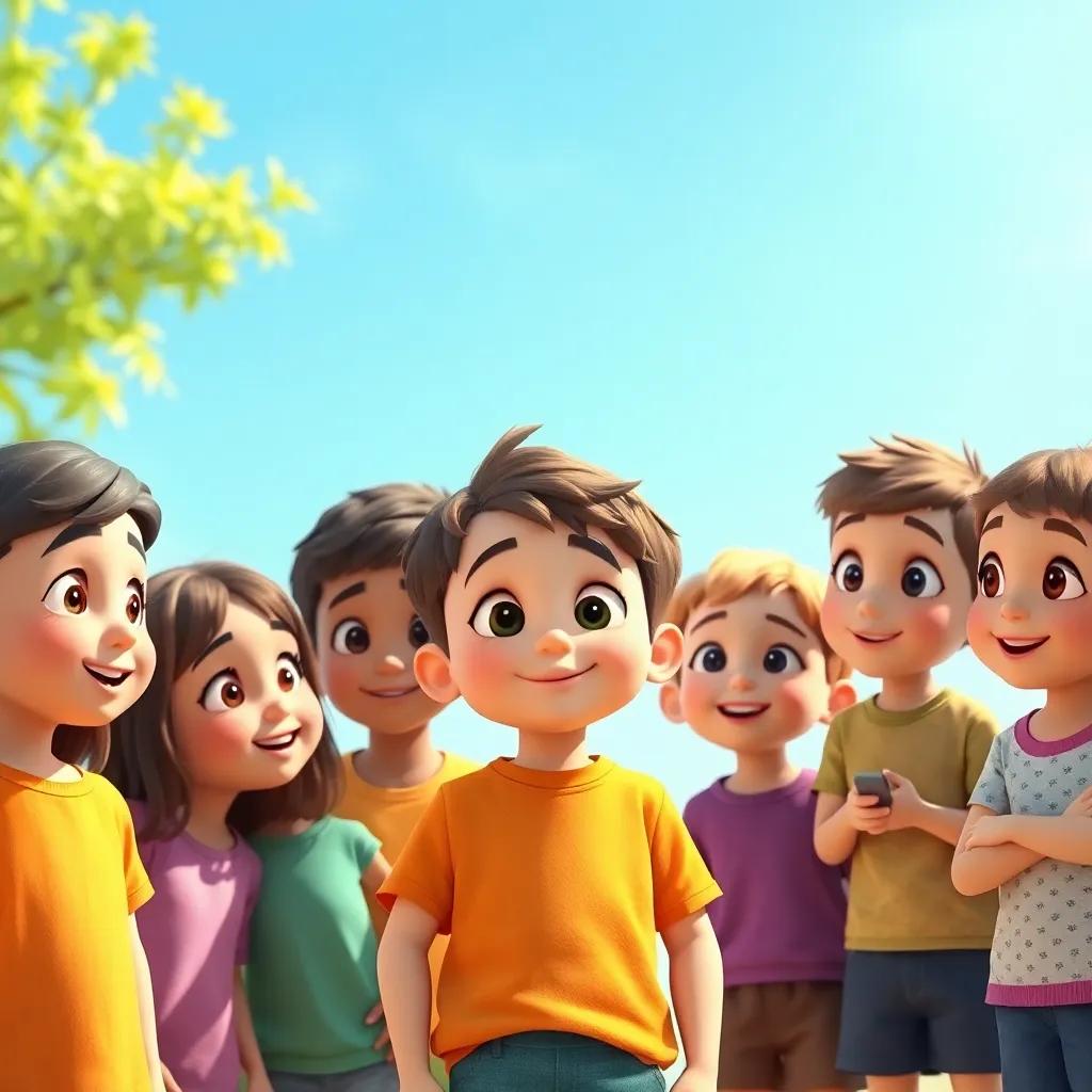 A group of children gathered around the boy, curious expressions, each wearing colorful clothes, bright sunny outdoors, lively atmosphere, child-friendly, high quality