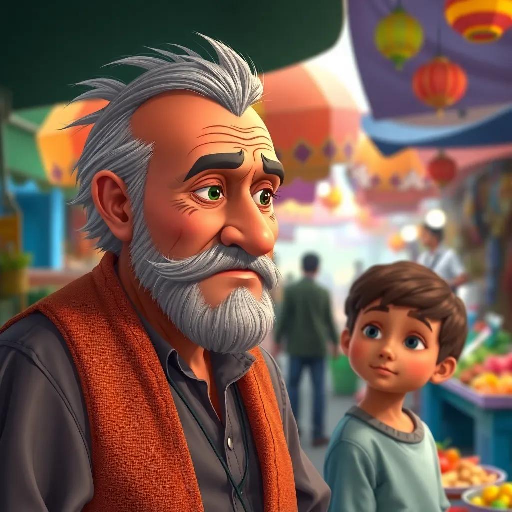 A wealthy man listening intently to the boy, with a thoughtful expression, in an outdoor market with vibrant colors and lively activity, engaging scene, high quality