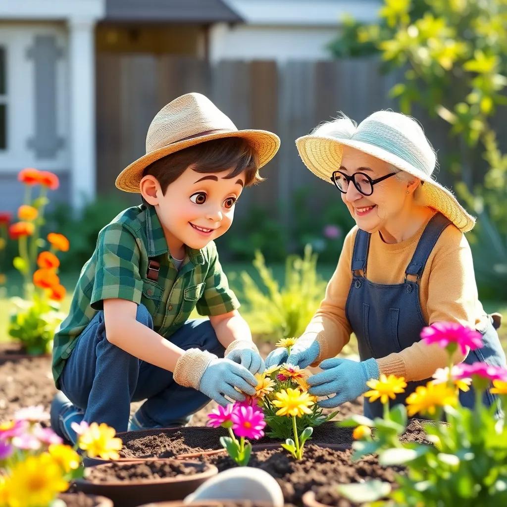The boy helping an elderly neighbor in the garden, planting flowers together, wearing gloves and a sunny hat, cheerful teamwork, light and bright colors, high quality
