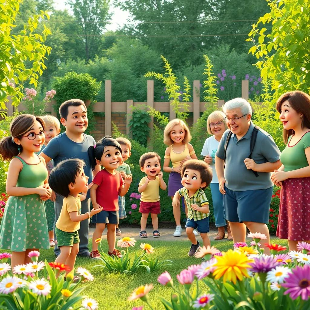 A community gathering in the new garden, smiling faces, kids playing and adults chatting, surrounded by greenery and flowers, vibrant celebration, high quality