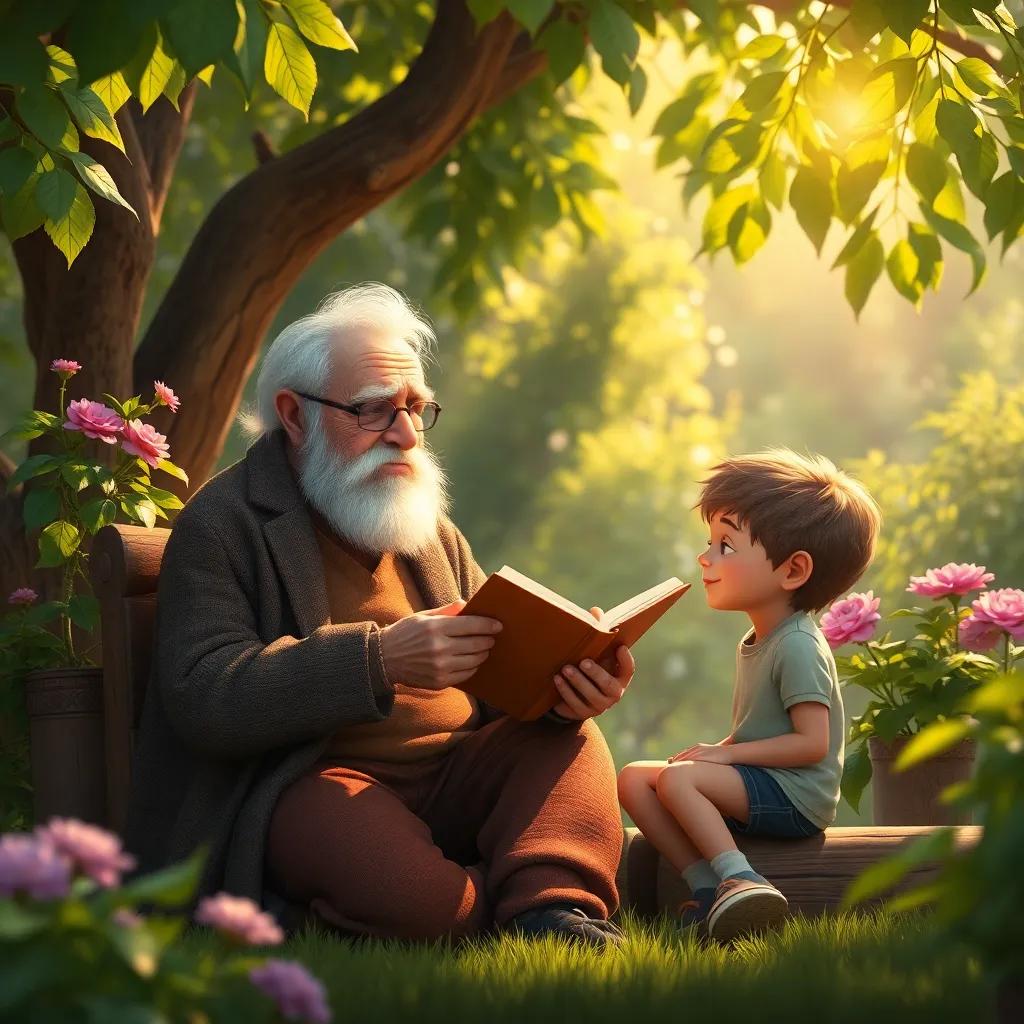 The old man sitting with the boy in the beautiful garden, sharing stories, sunlight filtering through the leaves, warm friendship, cozy atmosphere, high quality