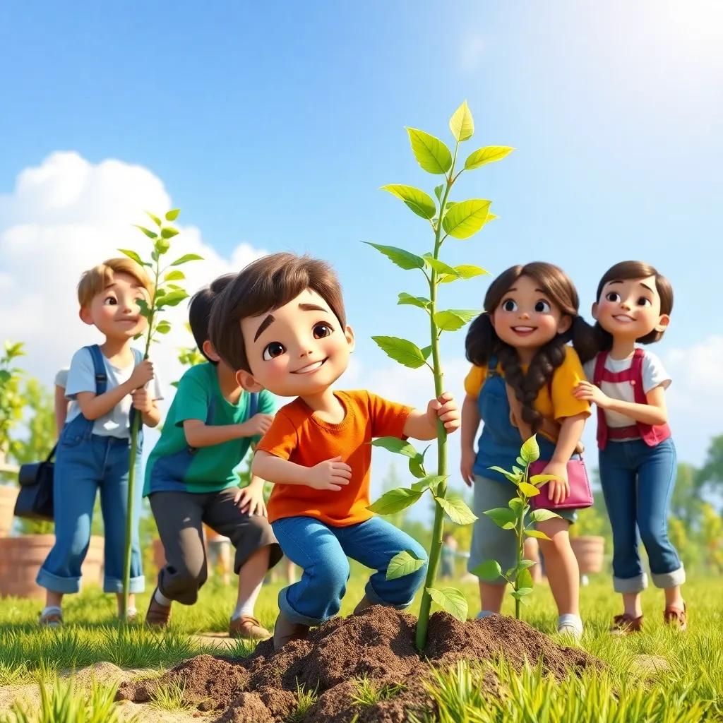 The boy leading others in planting more trees together, lively teamwork, sunny day, laughter and smiles, engaging scene, high quality
