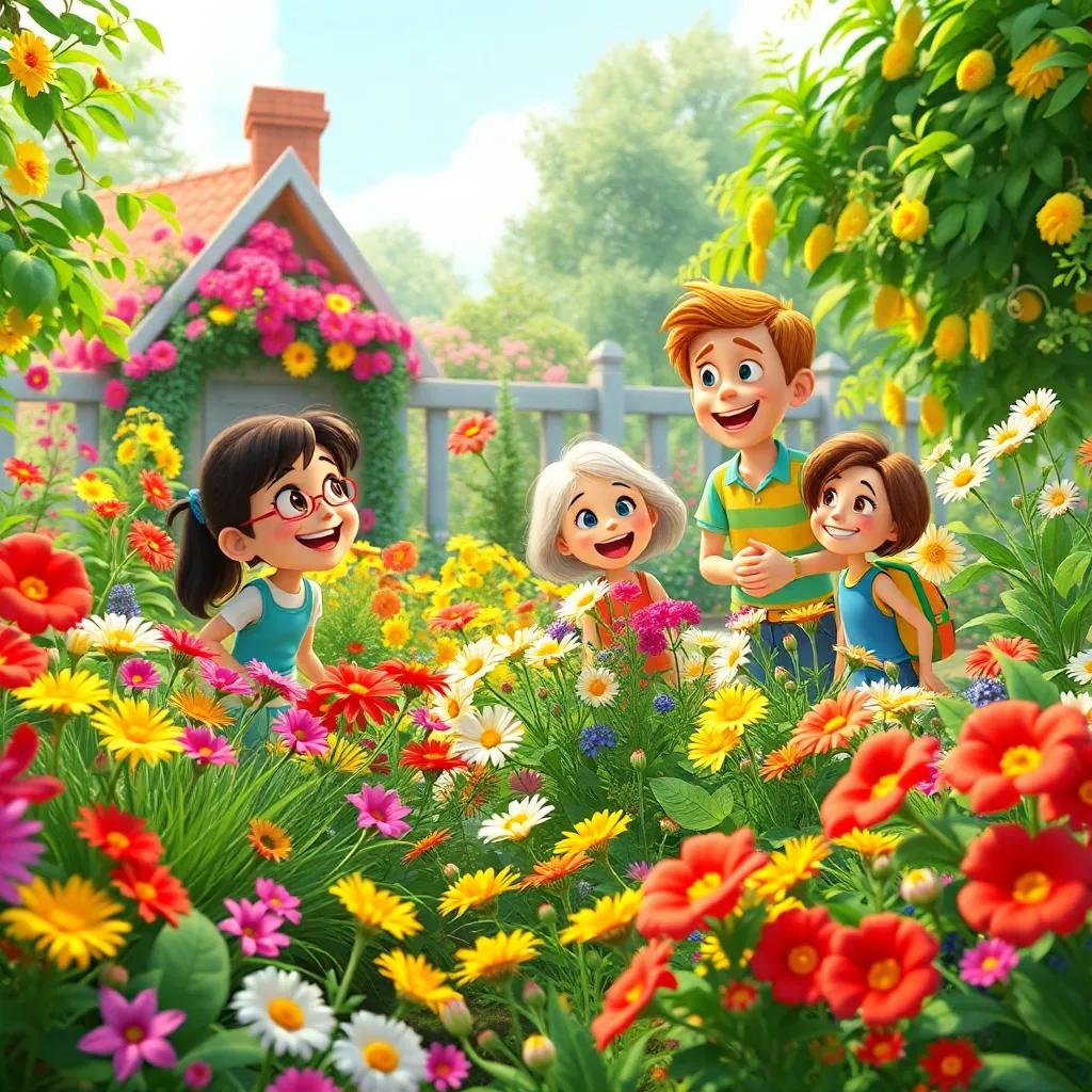 The garden flourishing with flowers and laughter, showing the joy of community spirit, bright colors and happy expressions, vibrant scenery, high quality