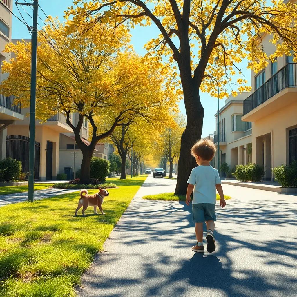 A sunny day with a child walking on the street, spotting a stray dog under a tree, bright colors, cheerful atmosphere, digital art, high quality