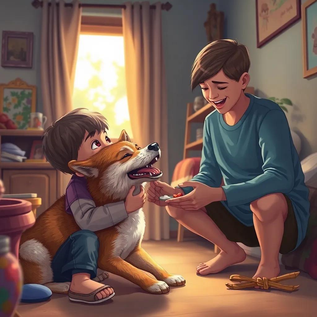A happy scene at home with the child feeding the stray dog named Rafiq, warm light, joyful colors, bond of friendship, heartwarming depiction, detailed illustration