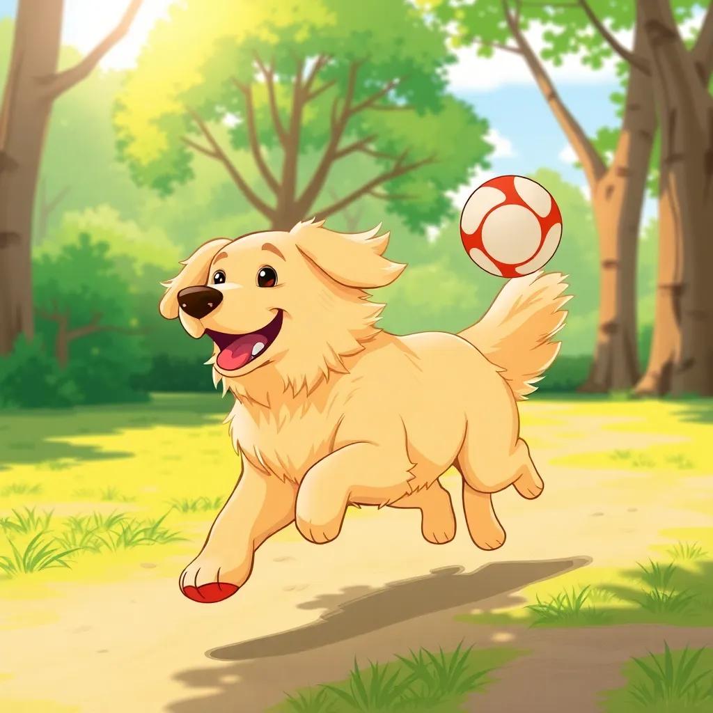 A loyal dog named Koko, a medium-sized golden retriever with fluffy fur, running happily in a sunny park, catching a ball with a joyful expression, digital art, bright colors, cheerful ambiance, high quality