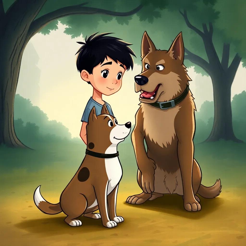 Koko, a loyal dog, standing protectively in front of his owner Sami, a young boy with short black hair wearing a t-shirt and shorts, showing bravery against another big dog, in a park setting, dramatic lighting, tense atmosphere, child-friendly, high quality