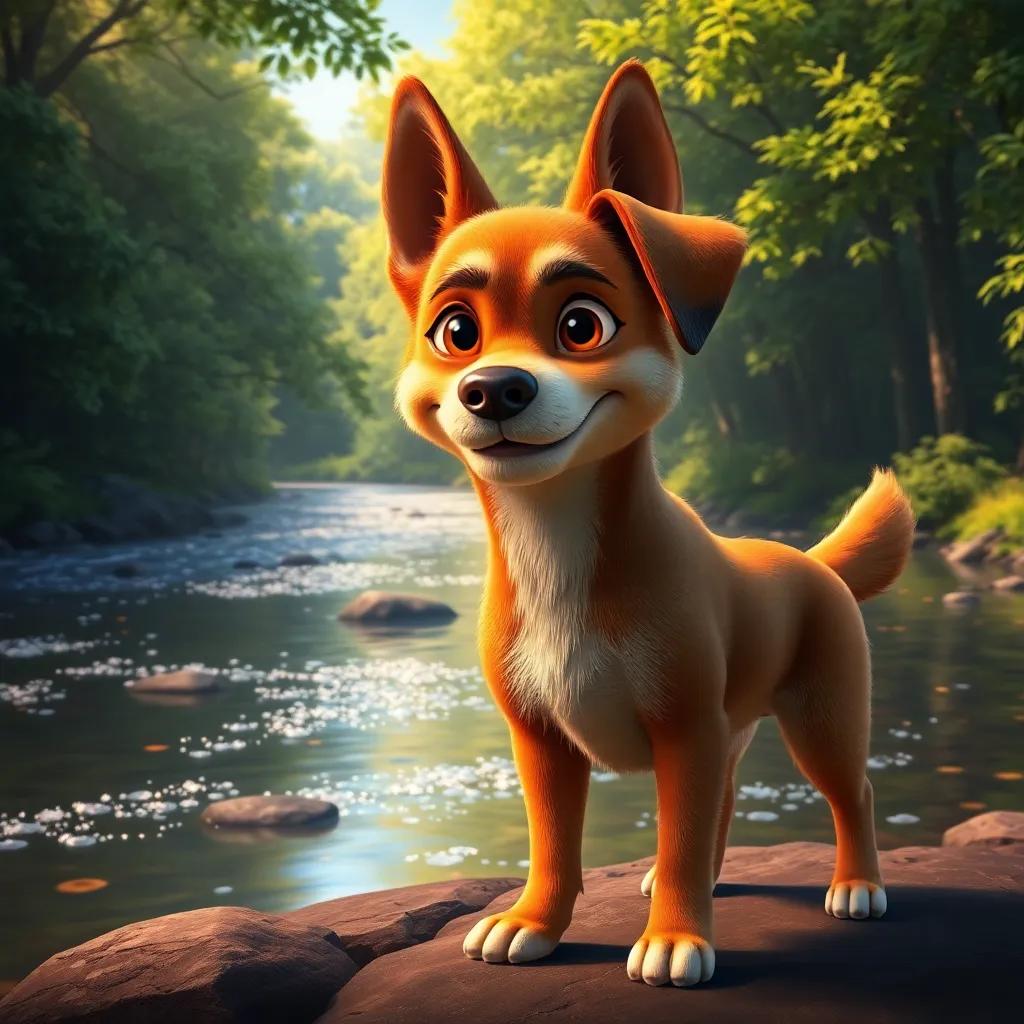 A loyal dog, Zara, with shiny brown fur and clever eyes, standing heroically at the edge of a sparkling river surrounded by lush green trees, digital art, colorful, warm light, showcasing bravery, high quality