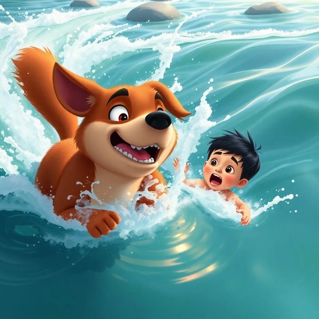 Zara the dog, with shiny brown fur, swimming fiercely in a rushing river towards a little boy named Sami, capturing the moment of courage as the boy screams, bright splash of water, engaging children's illustration style, focusing on action, vibrant colors, high quality
