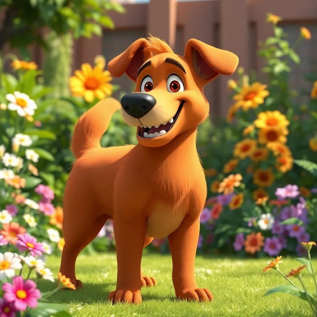A big brown dog, Rami, with a deep bark, standing confidently in a sunny garden, playful and friendly, surrounded by flowers, digital art, bright colors, cheerful atmosphere, high quality