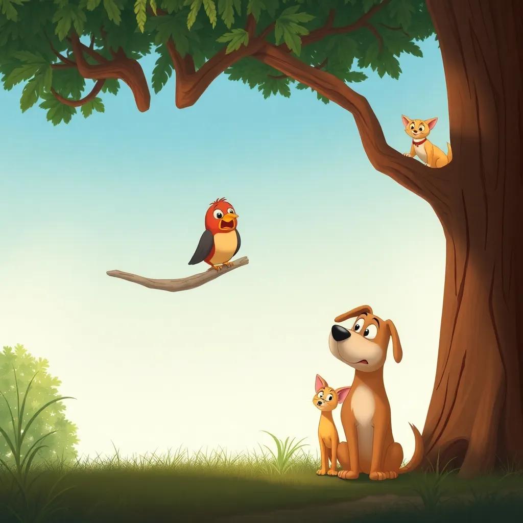 A tall tree with a distressed little bird stuck on a branch, next to Rami, a big dog, looking concerned, and Lolo, a small cat, climbing the tree, digital illustration, playful, warm colors, friendly tone, high quality