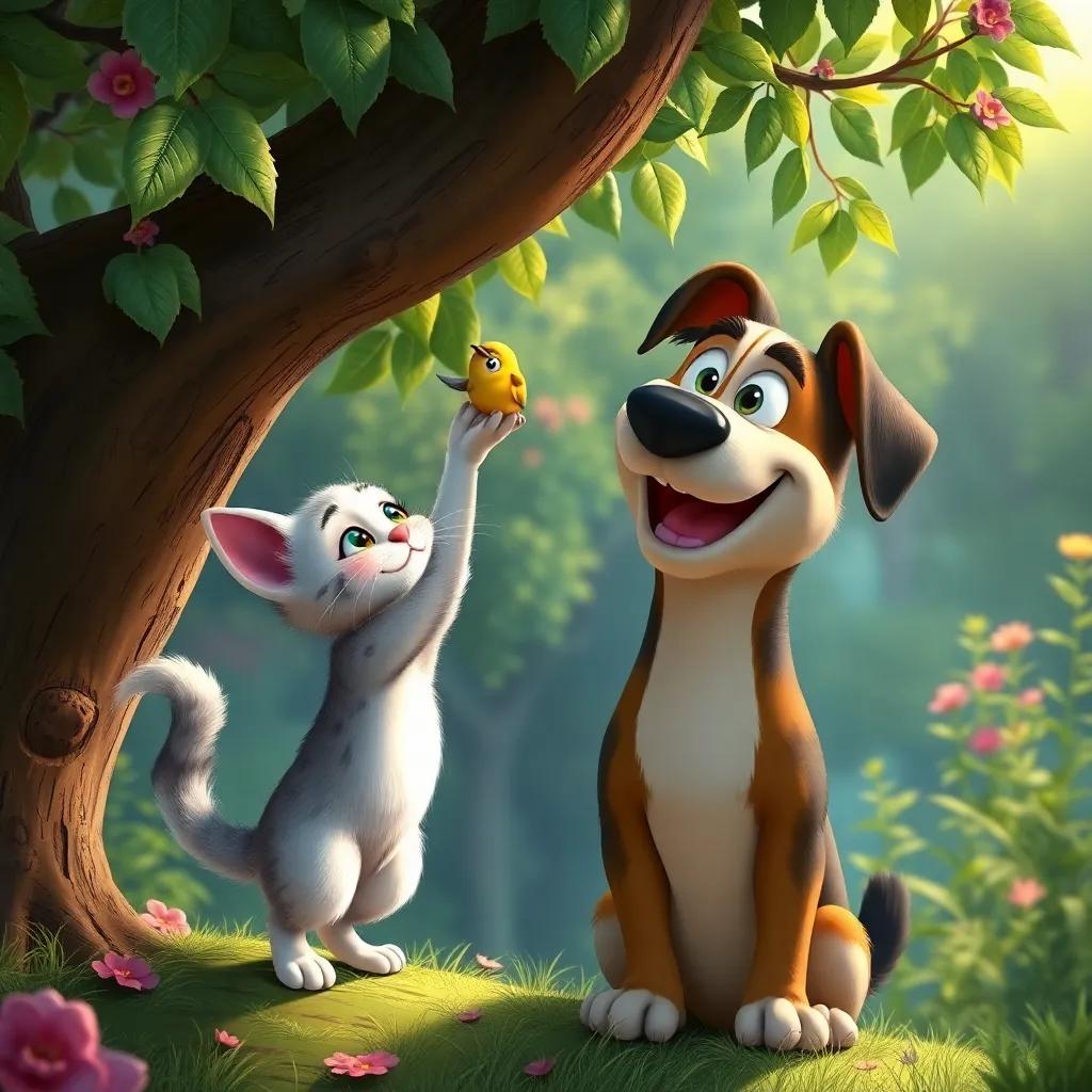 Lolo, a small cat, gently helping the little bird down from the tree, Rami, a big dog, standing below with a joyful expression, lush background, digital art, colorful, uplifting scene, high quality