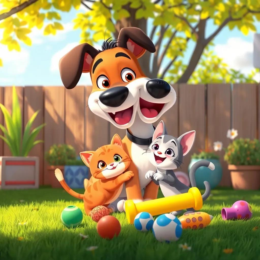 Rami, a big dog and Lolo, a small cat, happily playing together in a sunny backyard with toys, showcasing their friendship, digital illustration, cheerful, vibrant colors, heartwarming imagery, high quality