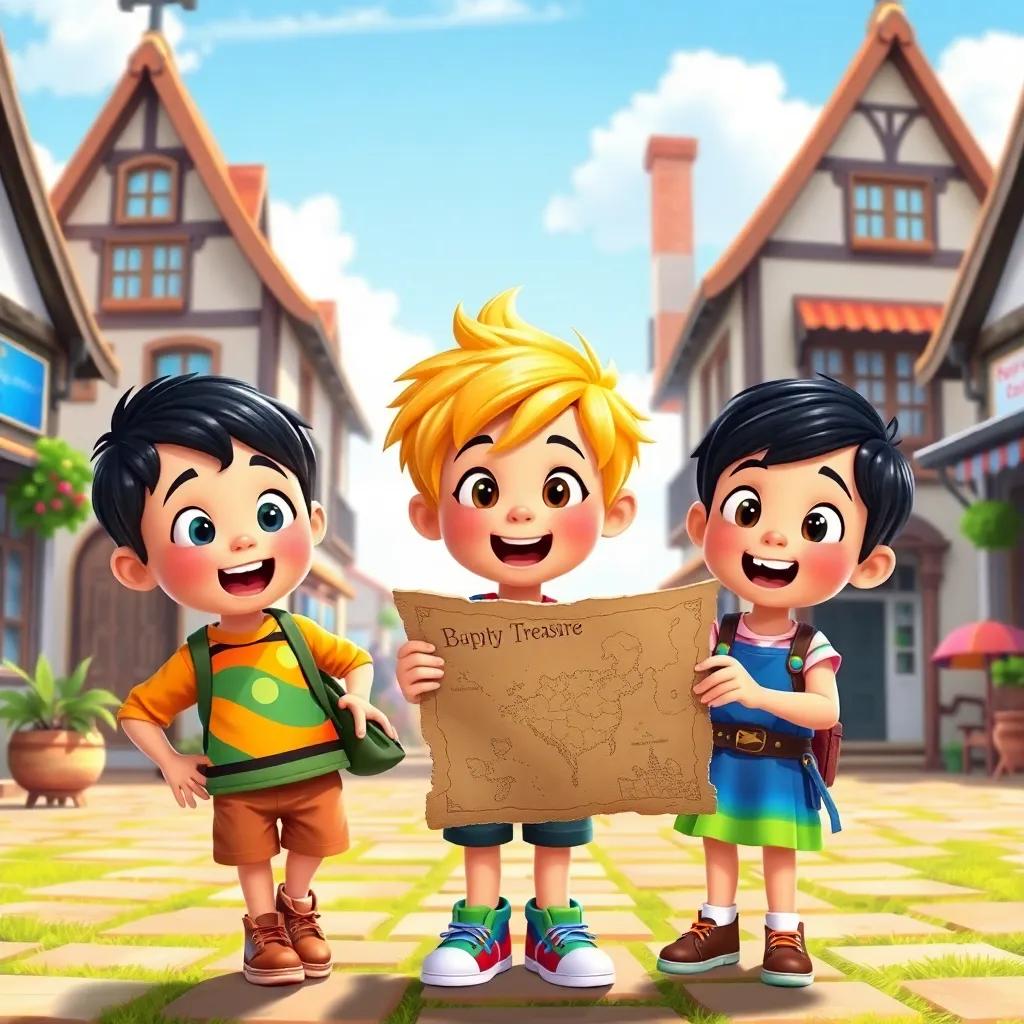 Three children standing in a sunny village square, excited expressions on their faces, wearing colorful clothes, holding an old treasure map, digital art, bright colors, cheerful atmosphere, high quality