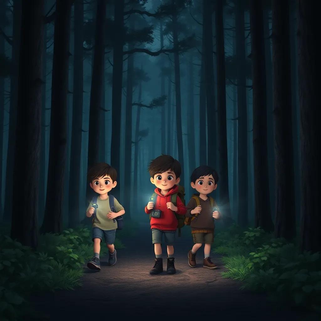 Three children crossing a dark forest with tall trees, using flashlights, looking focused and brave, dressed in adventure-type clothing, mysterious atmosphere, soft lighting, immersive perspective