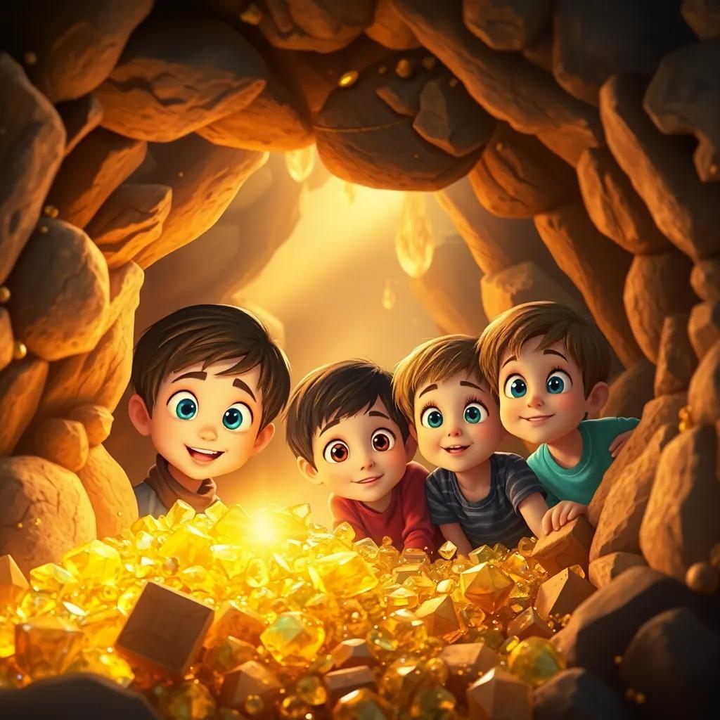 A scenic cave entrance filled with shimmering gold and gems, three children peeking inside with wide eyes, amazed expressions, warm glow from the treasure, enchanting imagery, rich detail