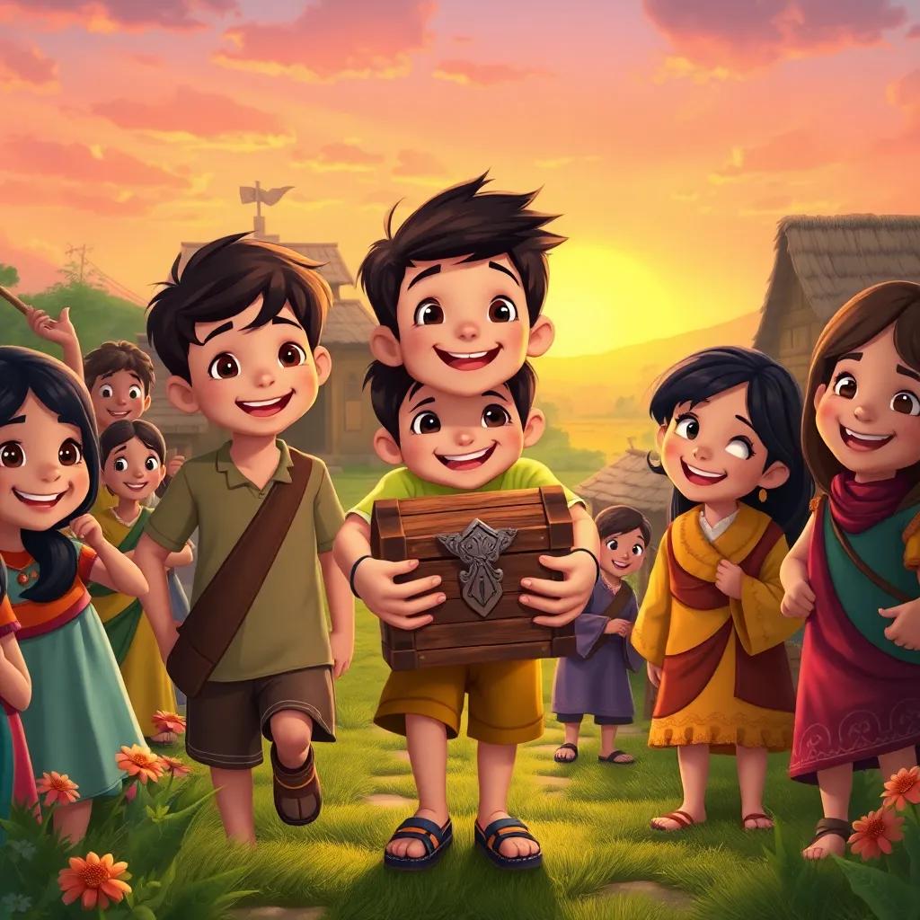 The children returning to their village, holding the treasure chest, surrounded by happy villagers, sharing smiles and joy, sunset in the background, heartwarming scene, vibrant colors