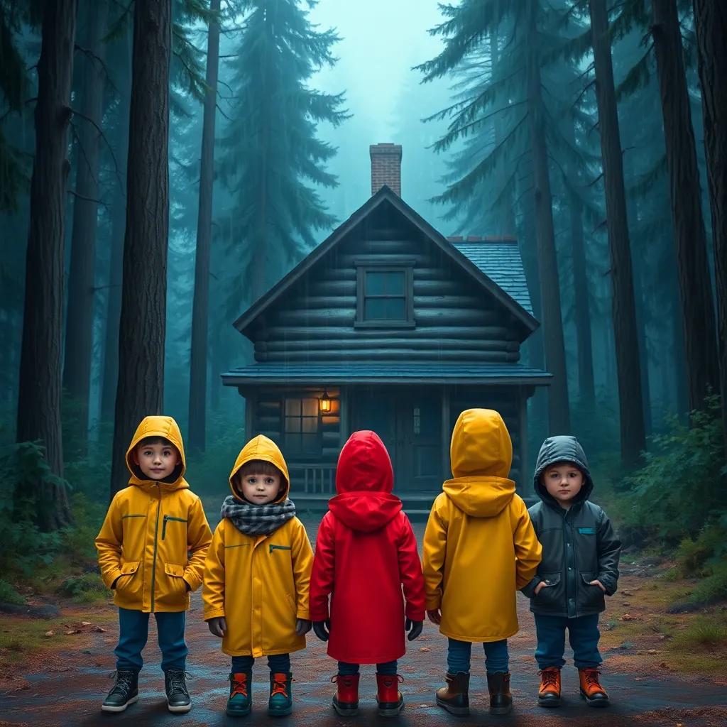 A group of four kids in rain jackets, standing in front of an old, creepy cabin in the forest, surrounded by tall trees and heavy rain, digital art, vibrant colors, moody atmosphere, high quality