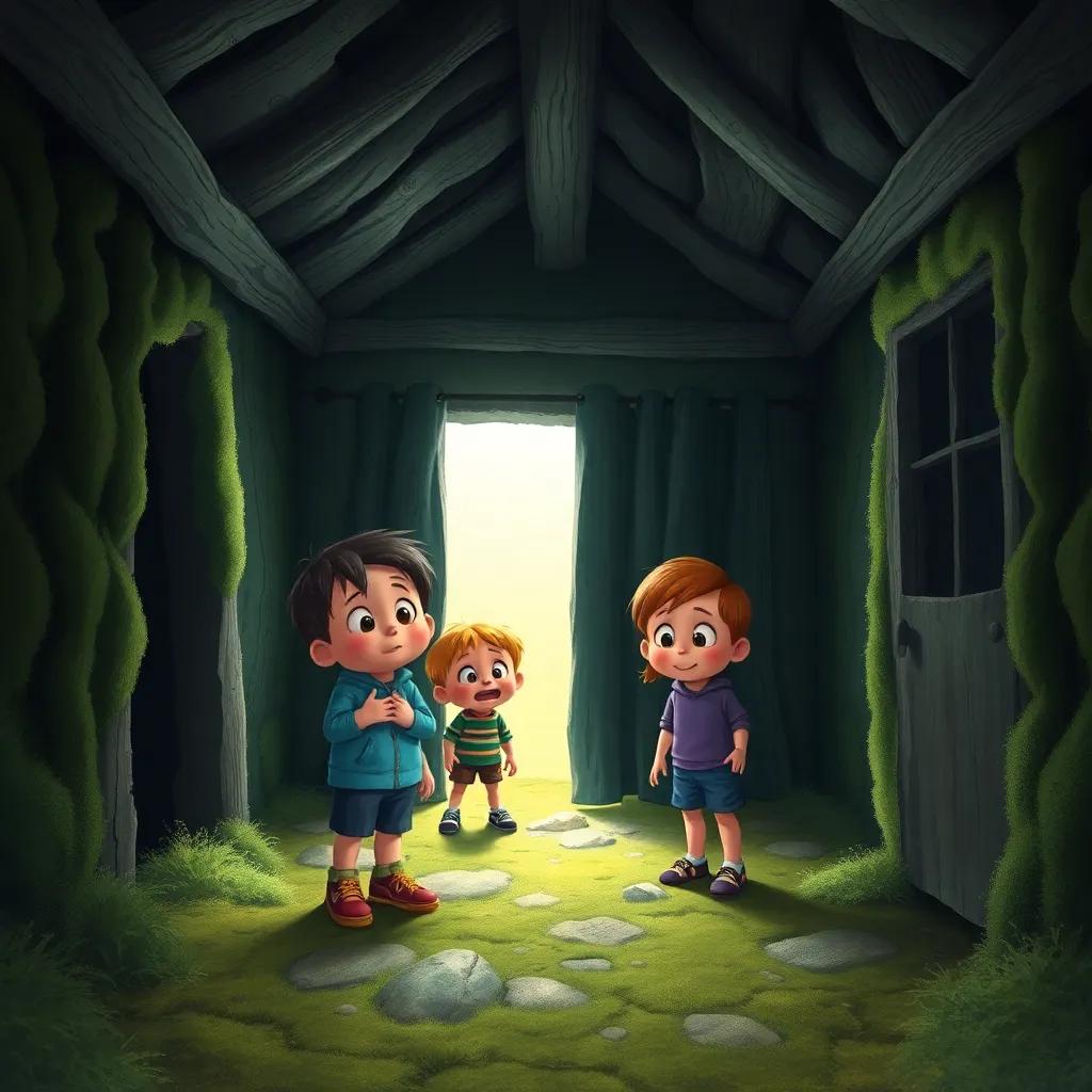 Four kids inside an old, spooky cabin with moss-covered walls, looking startled and curious, with mysterious shadows and echoes in the corners, digital painting, eerie light, imaginative perspective, high quality