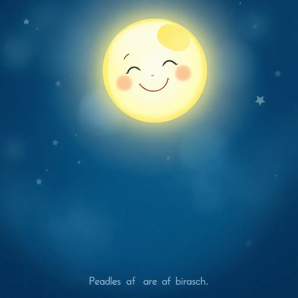 A glowing moon with a friendly expression, shining brightly in a starry night sky, digital art, soft and calming colors, cheerful atmosphere, high quality