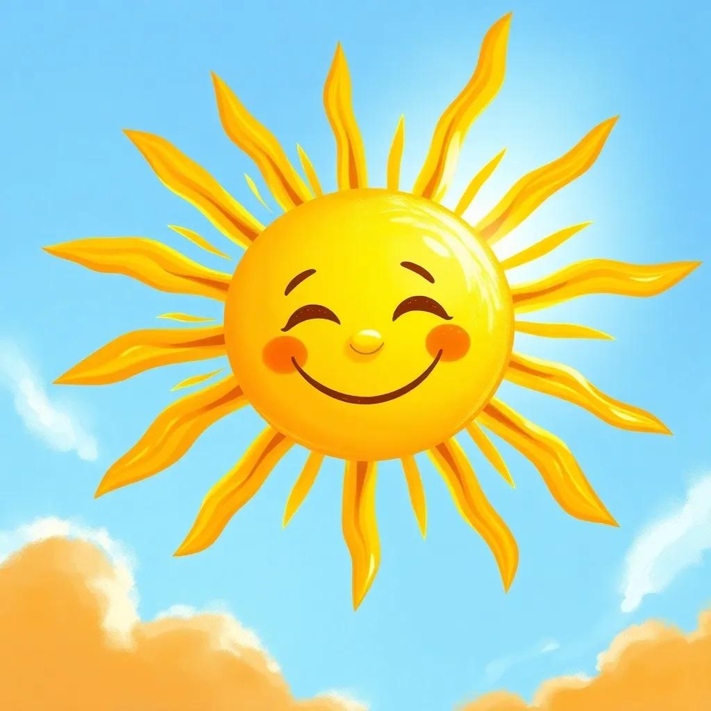 A shining sun with a warm smile, radiating golden rays in a bright blue sky, digital art, vibrant colors, lively and engaging scene, high quality