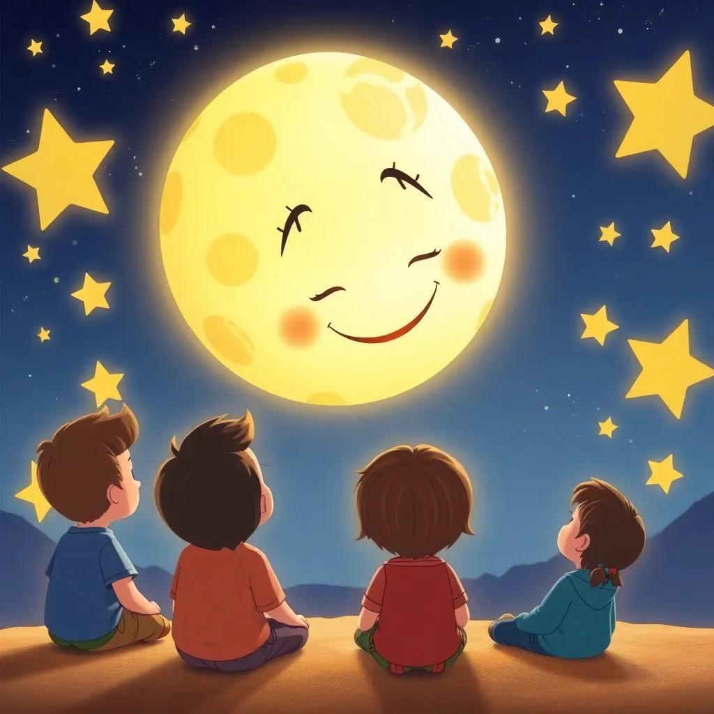A smiling moon with a calm face explaining to children about lunar letters, children listening intently, surrounded by stars and the night sky, illustration, warm light, inviting atmosphere, high quality