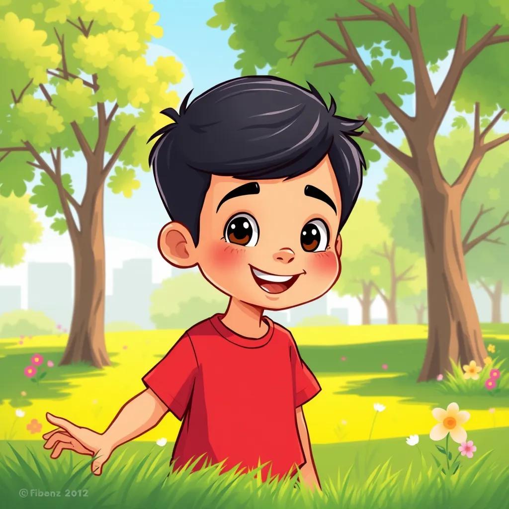 A young Arab boy, Sami, with short black hair wearing a red t-shirt, playing in a bright green park with trees and flowers, digital art, cheerful atmosphere, vibrant colors, playful, high quality