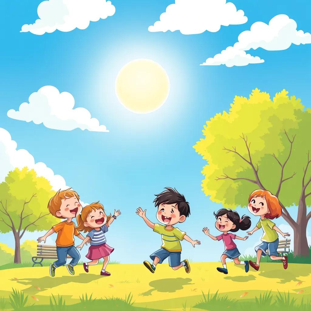 A bright blue sky with a shining sun, children playing in a park having fun, laughter, joy, joyful scene, warm atmosphere, high quality