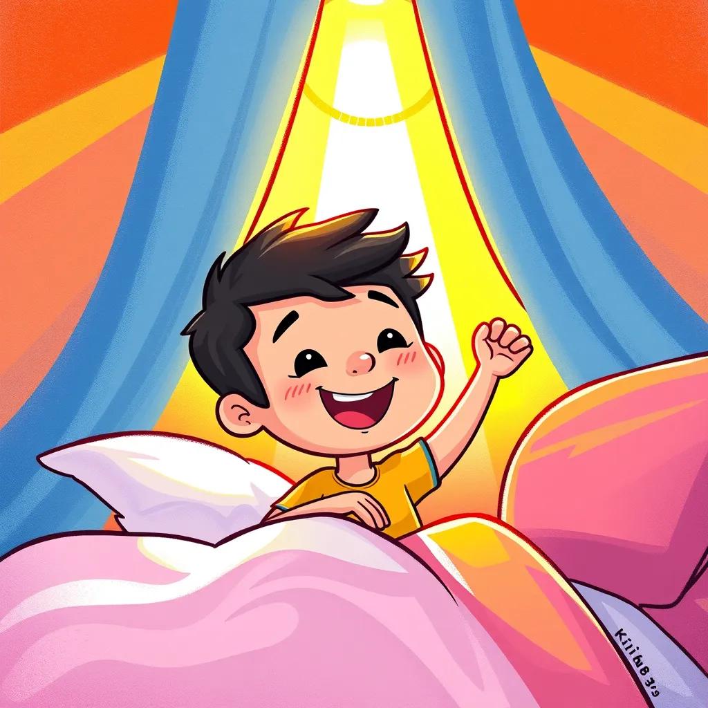 A colorful sunrise with bright light coming in, Sami waking up cheerfully, ready for a new day, bright colors, optimistic mood, high quality