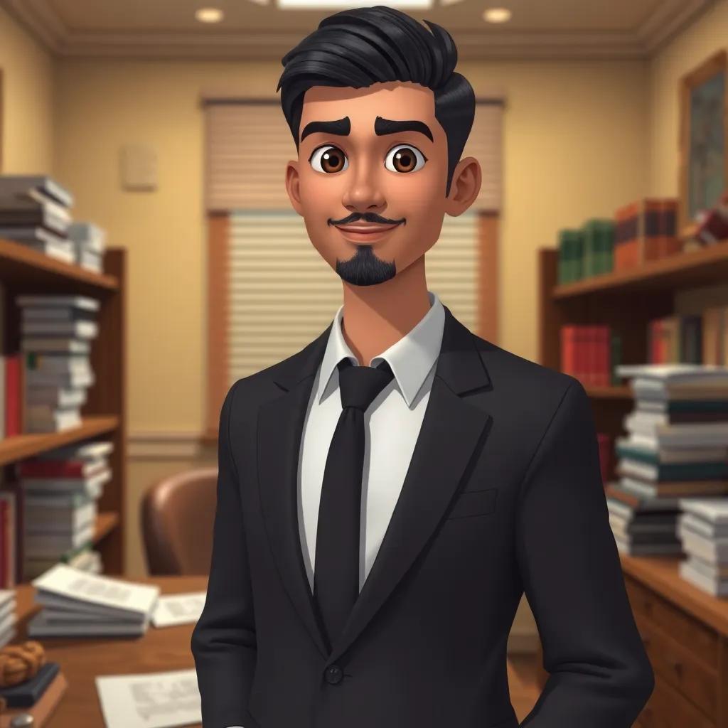 A young Arab man, Fahd, with short black hair wearing a simple suit, standing confidently in a small law office with stacks of books and a desk with legal papers, digital art, warm colors, inviting atmosphere, high quality