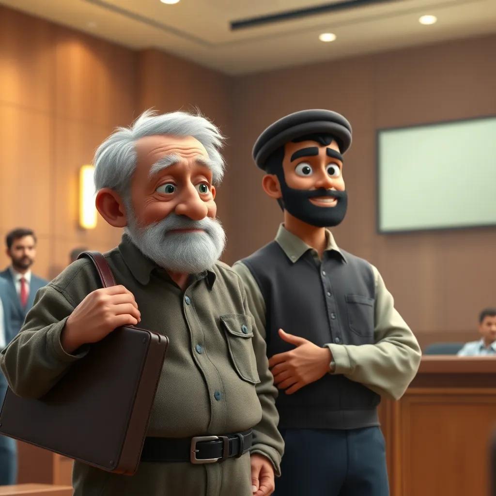 An elderly farmer with gray hair, carrying a briefcase, looking relieved and thankful while Fahd stands beside him in a courtroom setting, bright lights, emotional atmosphere, heartwarming scene, high quality