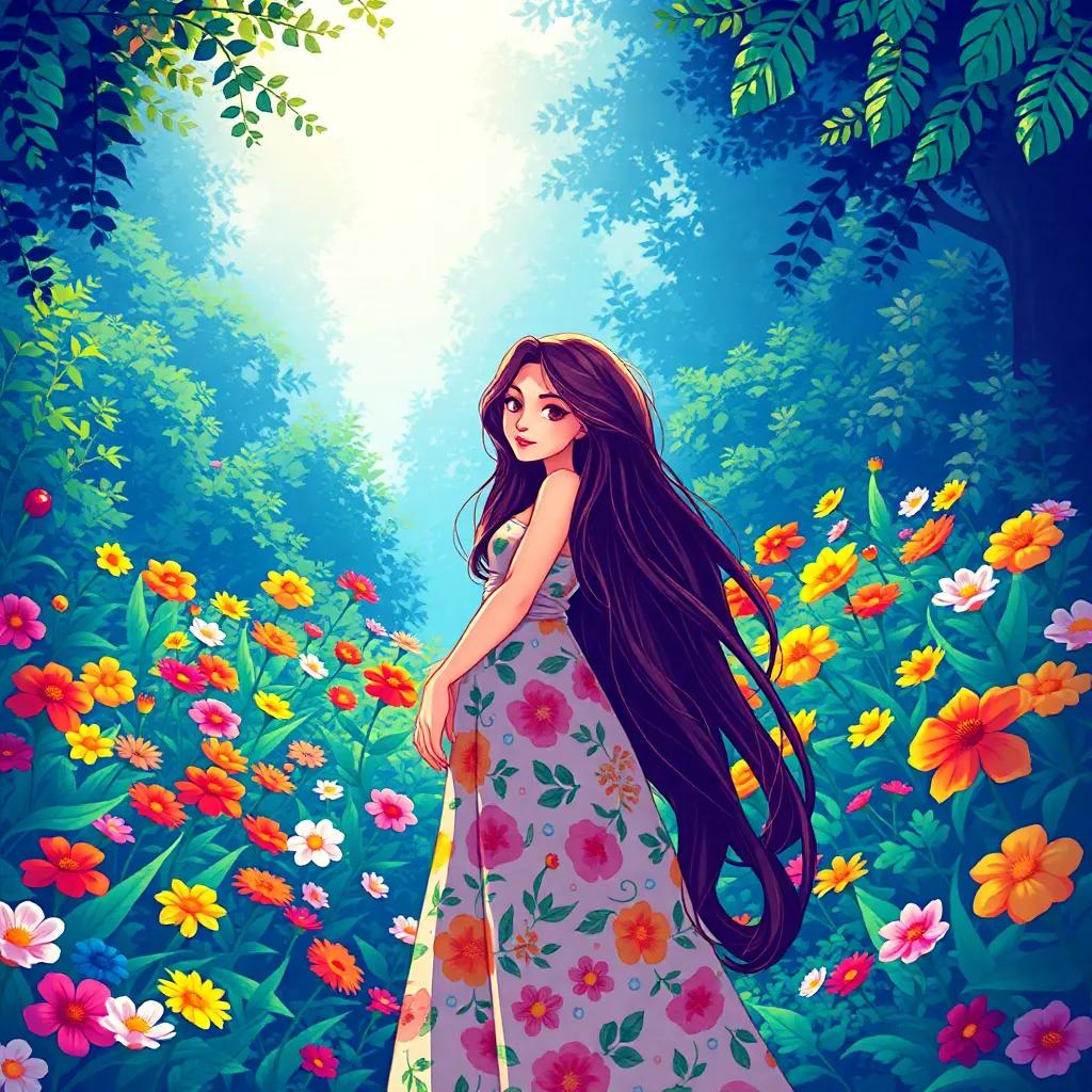 A beautiful woman named Layla, with long flowing hair, wearing a floral dress, standing in a lush garden filled with vibrant flowers, sunlight shining, magical atmosphere, digital art, bright and cheerful