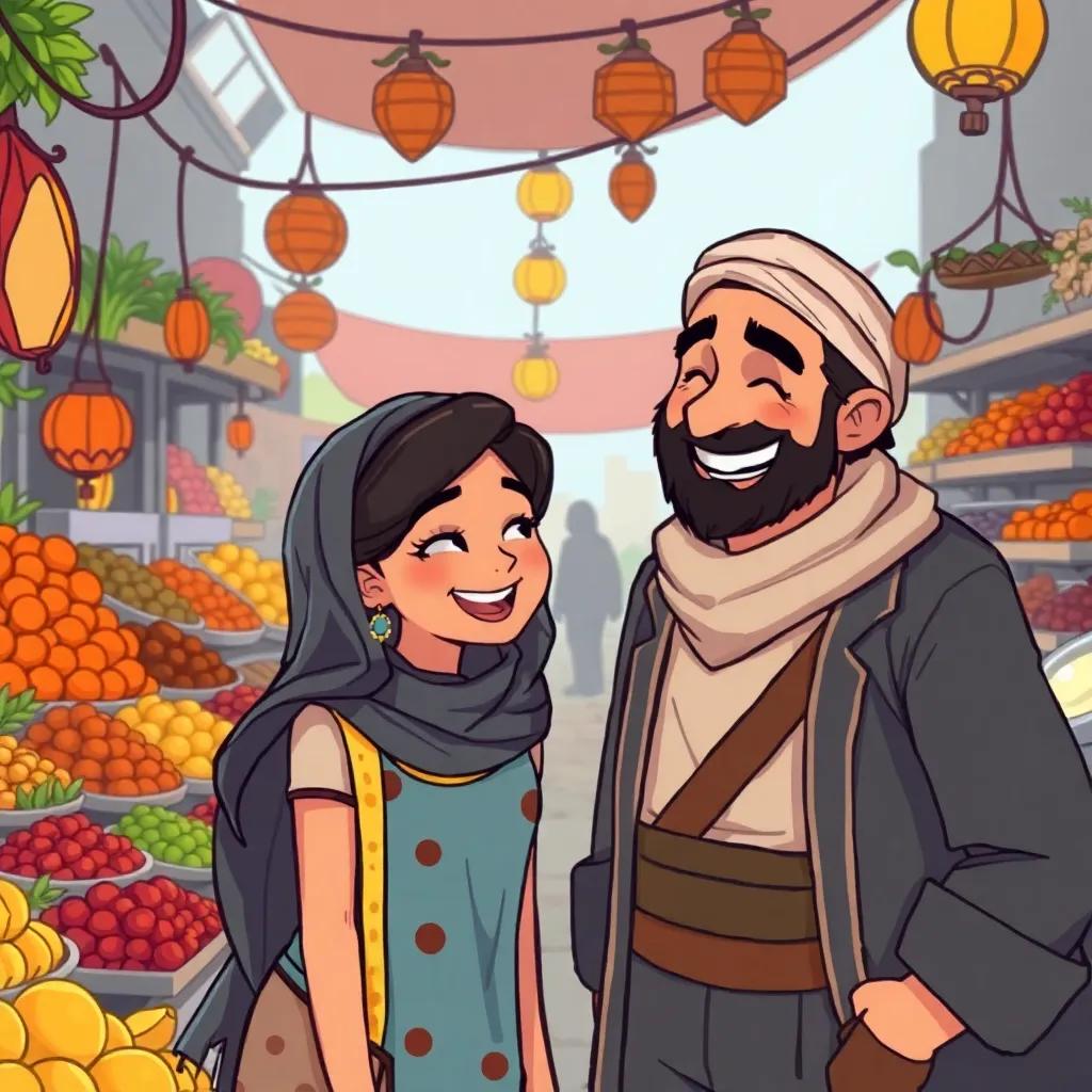Layla and a mysterious man named Faris, sharing a laugh in a bustling market, surrounded by colorful stalls filled with fruits and spices, joyful expressions, illustration, lively and engaging scene, child-friendly