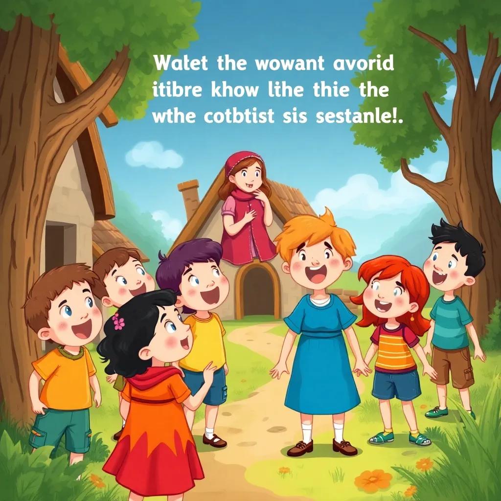 A group of excited children in a small village, talking about a strange woman known to eat those who can't answer questions, bright colors, cheerful atmosphere, illustrative style