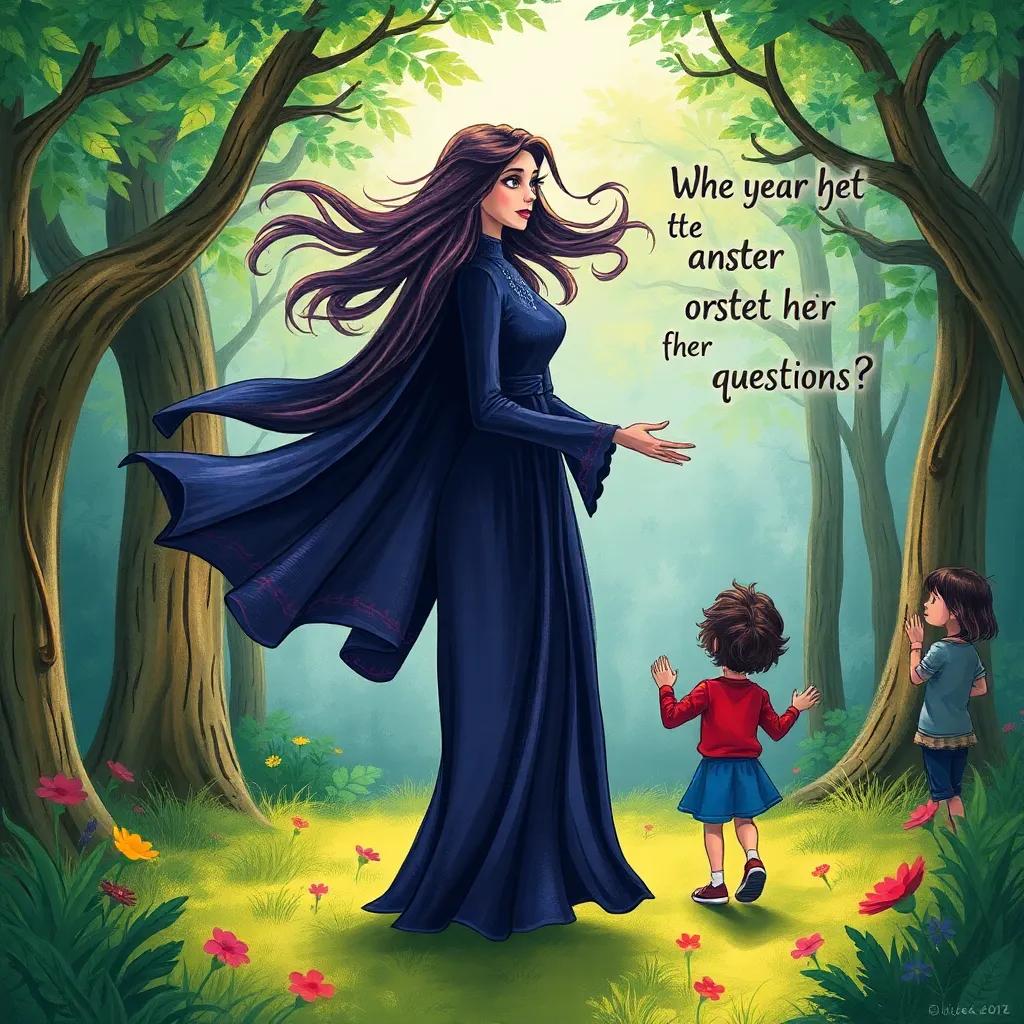 A mysterious woman with long flowing dress, hair blowing in the wind, standing in a magical forest, inviting the children to answer her four questions, enchanting vibe, captivating scene, colorful and engaging