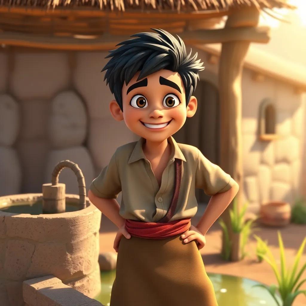A cunning farmer named Ali, an Arab man, with short black hair, wearing a simple shirt and loose trousers, standing beside a well with a mischievous grin, sunlit village background, colorful and vibrant, engaging scene, playful atmosphere
