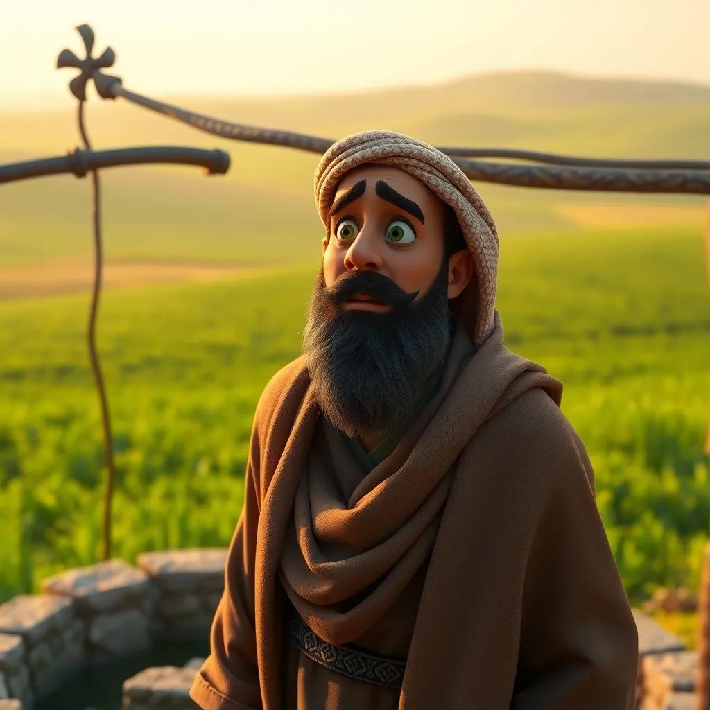 A frustrated neighbor, an Arab man with a beard, wearing a traditional cloak, looking shocked and confused, standing in front of the well, lush green fields in the background, warm light, storytelling view, emotional quality