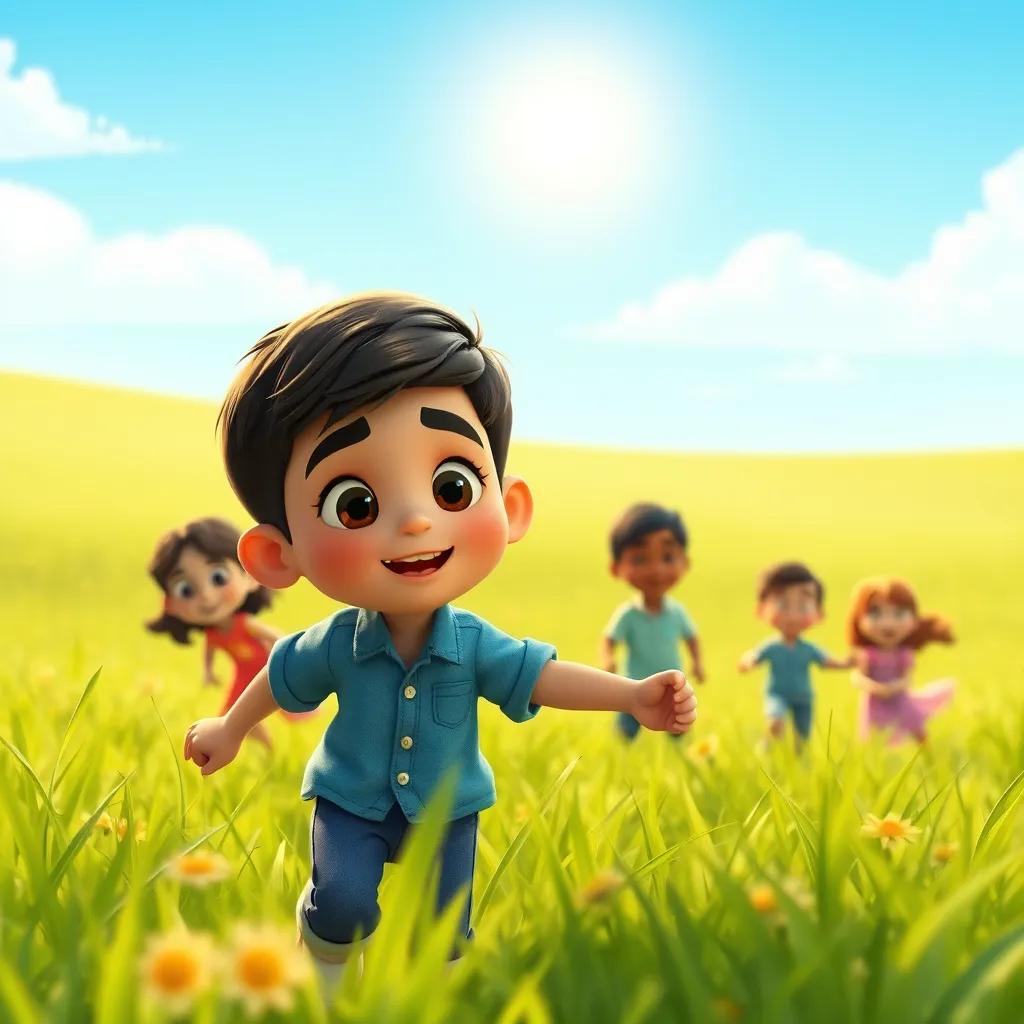 A young Arab boy, Ali, with short black hair, wearing a blue shirt and jeans, playing in a green field with friends under a bright sun, cheerful atmosphere, digital art, vivid colors, child-friendly